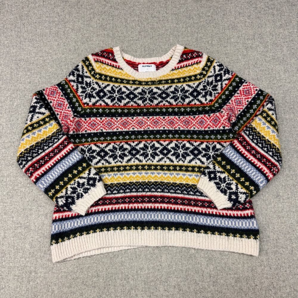 Old Navy Fair Isle Sweater Size Small Multi-Color Nordic Snowflake Knit Crewneck